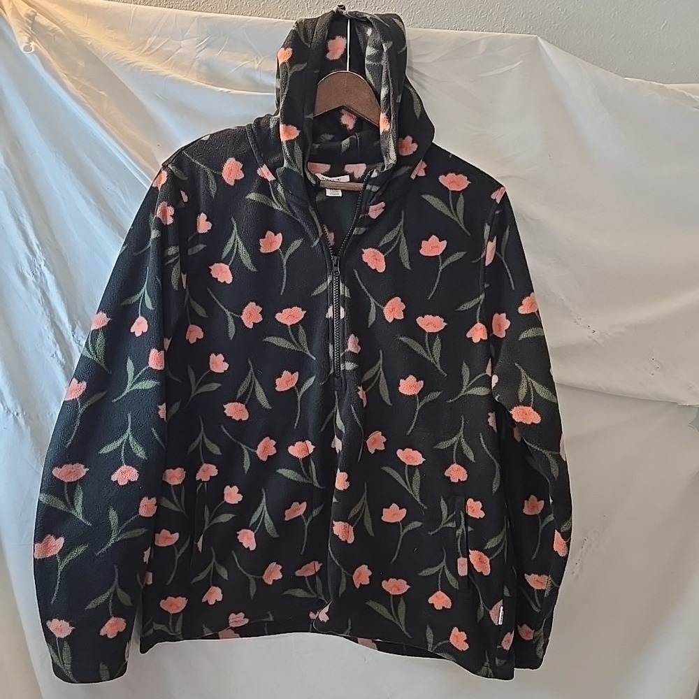O'Neill Women's Black Floral Tulips Half Zip Pullover Polar Fleece Hoodie Sz XL